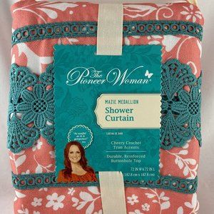 LAST ONE!! PIONEER WOMAN MAZIE MEDALLION FABRIC SHOWER CURTAIN ~ Coral/Turquoise